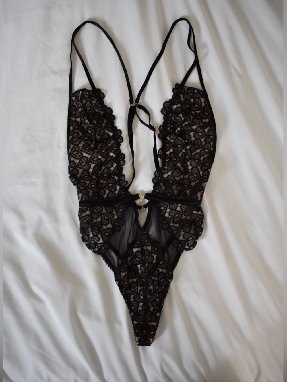Victoria's Secret designer collection. Black Lace Plunge Teddy with Gold Accents